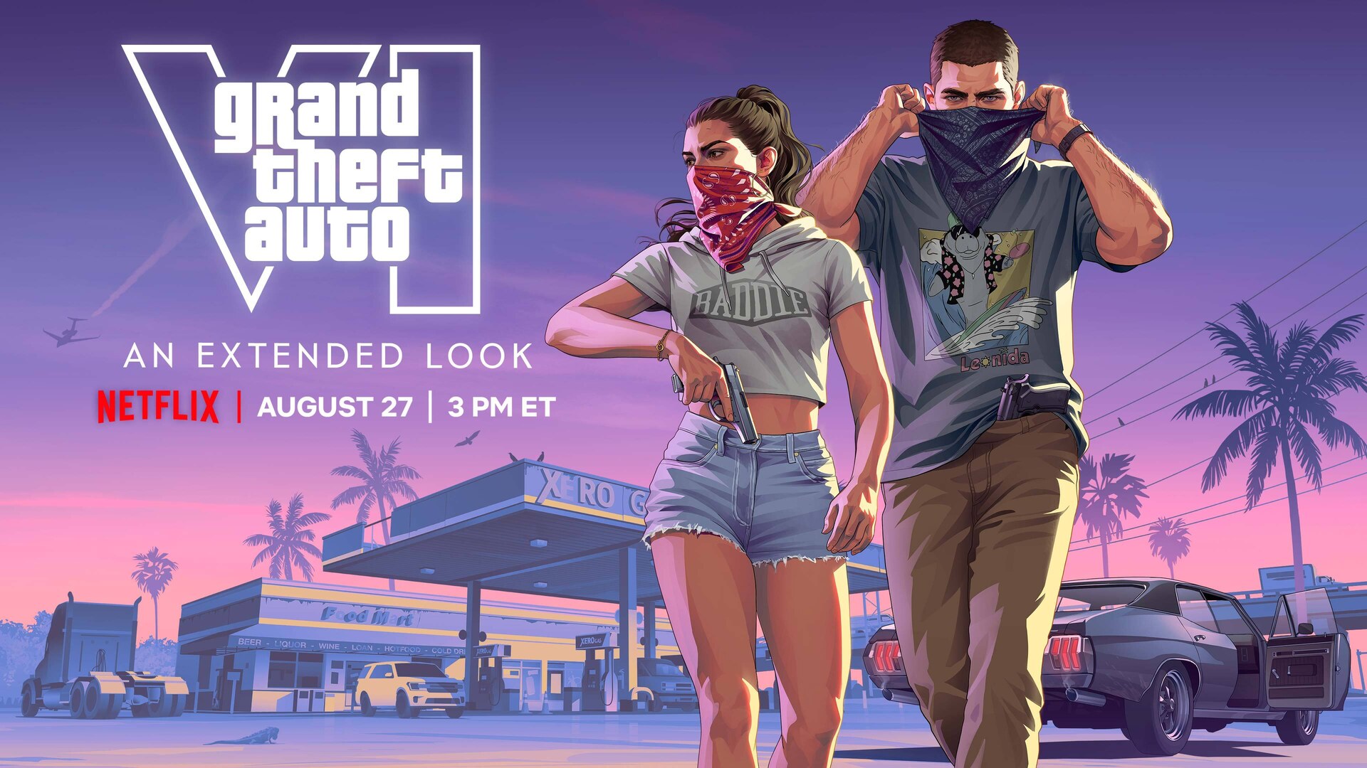 Arte oficial de Grand Theft Auto VI divulgada pela Rockstar Games, mostrando os protagonistas Jason e Lucia em Vice City