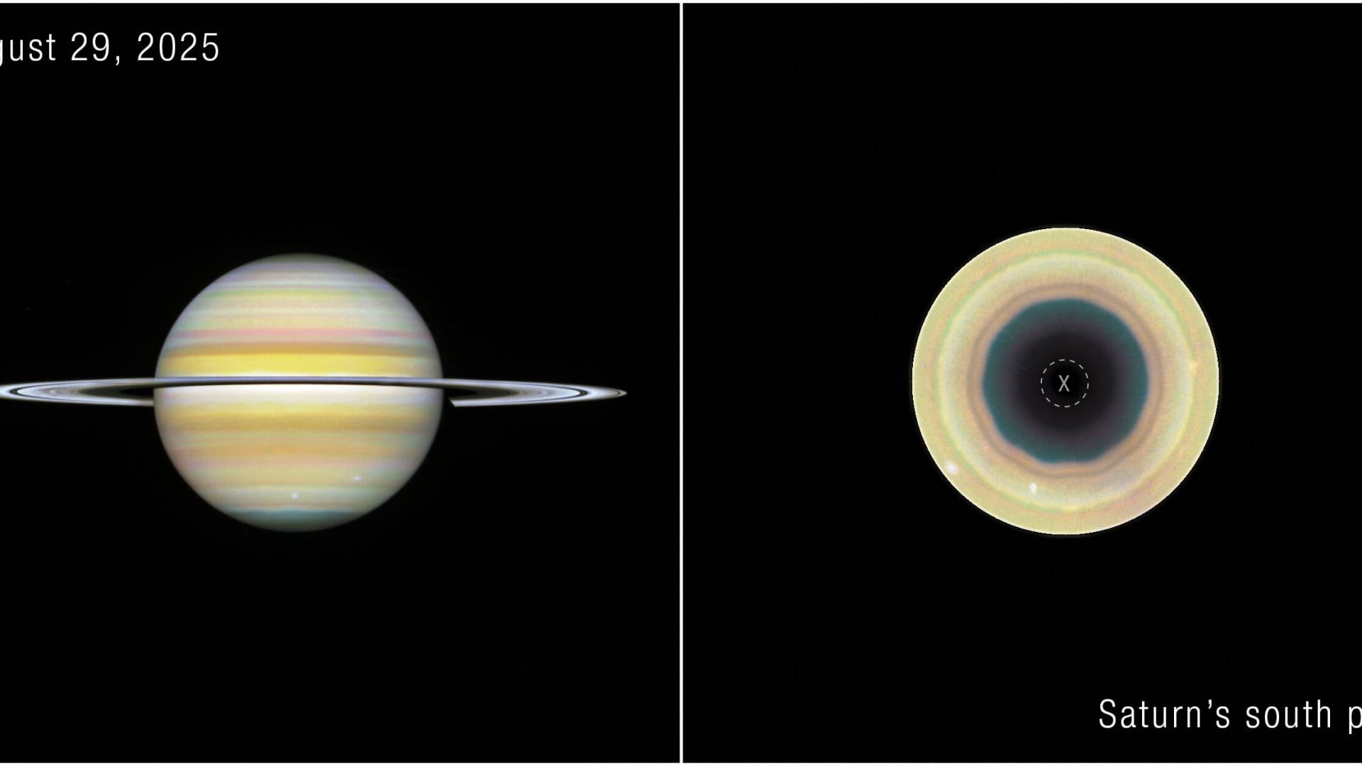Imagem de Saturno mostrando o polo sul e a misteriosa estrutura atmosférica